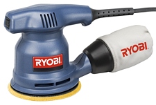 Ryobi\’s Random orbit sander RS241, 12,000 orbits per minute, accomplishes nice finish work, 2.4 amp motor, little vibration, comfortable to handle, comfortable to use, weighing 3 pounds, sanding pad, pressure sensitive sandpaper, accessory for hook-and-loop paper, dust collection system, cloth dust bag, spin control brake, vinyl power cord