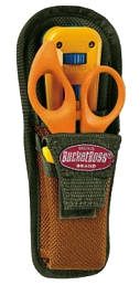 BucketBoss brand datacomm multipouch, bucket boss data comm multi pouch, pouch for utility knife, holds utility knife, holds utility knives, holds datacomm scissors, holds data comm scissors, attaches to belt, clip attaches pouch to belt, holds tools at belt, clips to belt 
