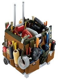 tool organizers, rolling tool organizer, bucket boss, bucketboss, pro rolling tool organizers, tool crate on wheels, crate with pull handle, pull behind tool organizer, tool cart, retractable handle, rolling tool crate, organize tools into a crate, keep tools neat and organized, tool pockets, hammer loops