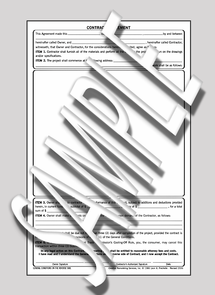 copyright by Leon A. Frechette/C.R.S., Inc., contract for a home remodeling project, six steps to a legal contract, general conditions of a contract, payment schedule in a contract, contractors helping hands packet, understand a home remodeling contract, cancel a contract, cancelling a contract, cancellation rights, final inspection, legal agreement with a contractor, construction professional, hire a home remodeling contractor