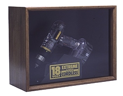 Rare clear acrylic DeWALT DW995K in a shadow box.