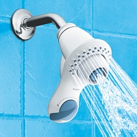moen massaging showerhead, moen revolution massaging showerhead, non-slip dial, shower head, massage controls located below the showerhead, remodeling a bathroom, two showerheads in one, normal showerhead, water flow, water texture, the perfect shower, rain-like shower, deep therapeutic massage, water pattern